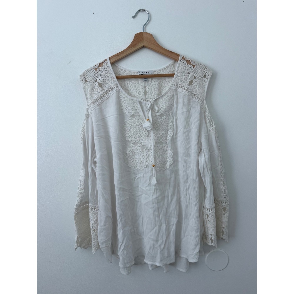 Tribal Women's White Lace Open-Shoulder Blouse – Long Sleeve – XL – NWOT